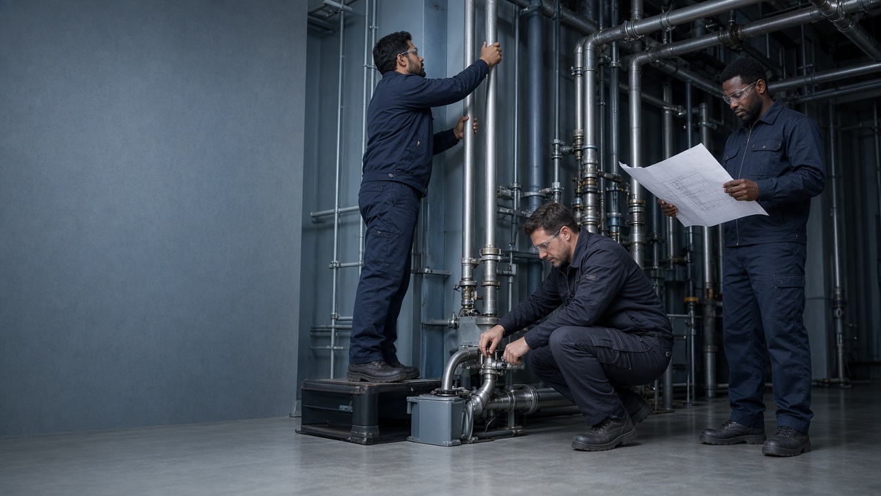 Profectus Global commercial plumbers installing piping in a building mechanical room
