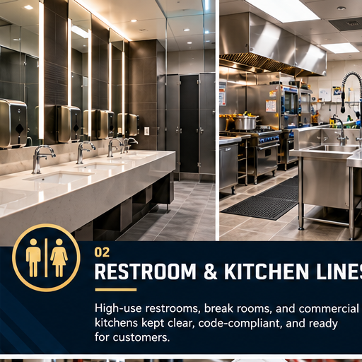 Restroom & kitchen lines: High-use restrooms, break rooms, and commercial kitchens kept clear, code-compliant, and ready for customers.