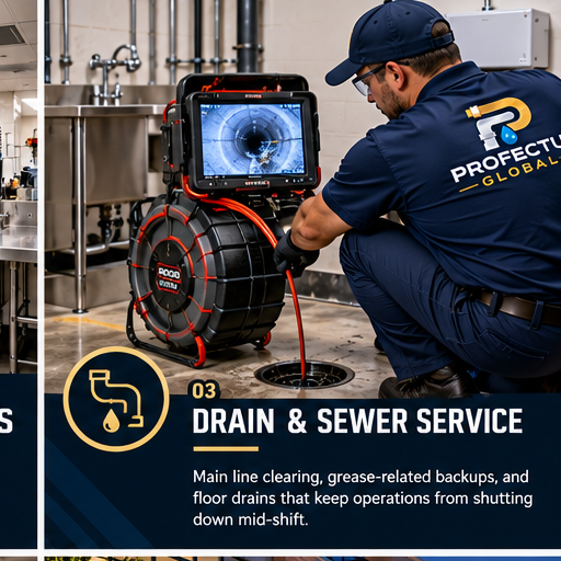 Drain & sewer service: Main line clearing, grease-related backups, and floor drains that keep operations from shutting down mid-shift.