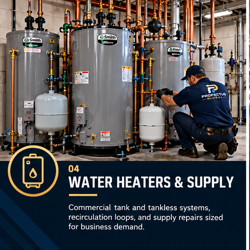 Water heaters & supply: Commercial tank and tankless systems, recirculation loops, and supply repairs sized for business demand.